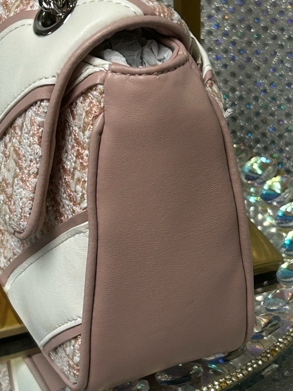 Karl Lagerfeld Blush Pink and White Tweed Chain Shoulder Bag - Picture 4 of 16
